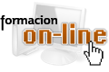 Texto formación online con un ordenador de fondo y un cursor en forma de mano